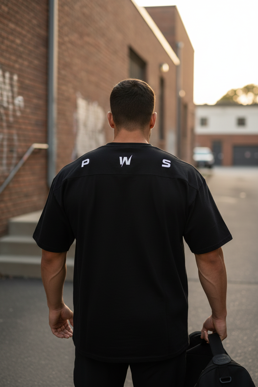 Polera Oversize Back PWS Negra - costura hombro a hombro vista de espalda