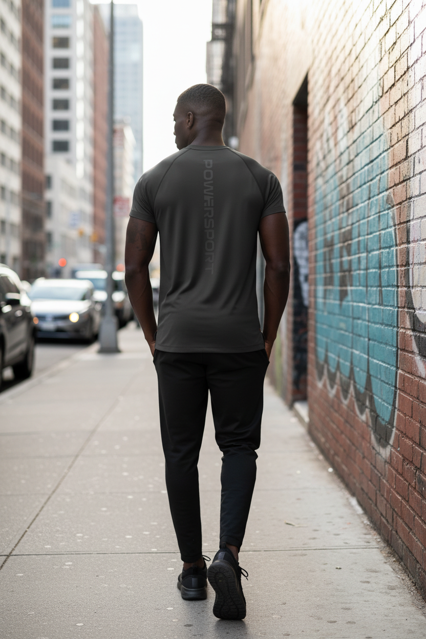 Polera Dryfit Reverso Gris Oscuro - vista de espalda lifestyle